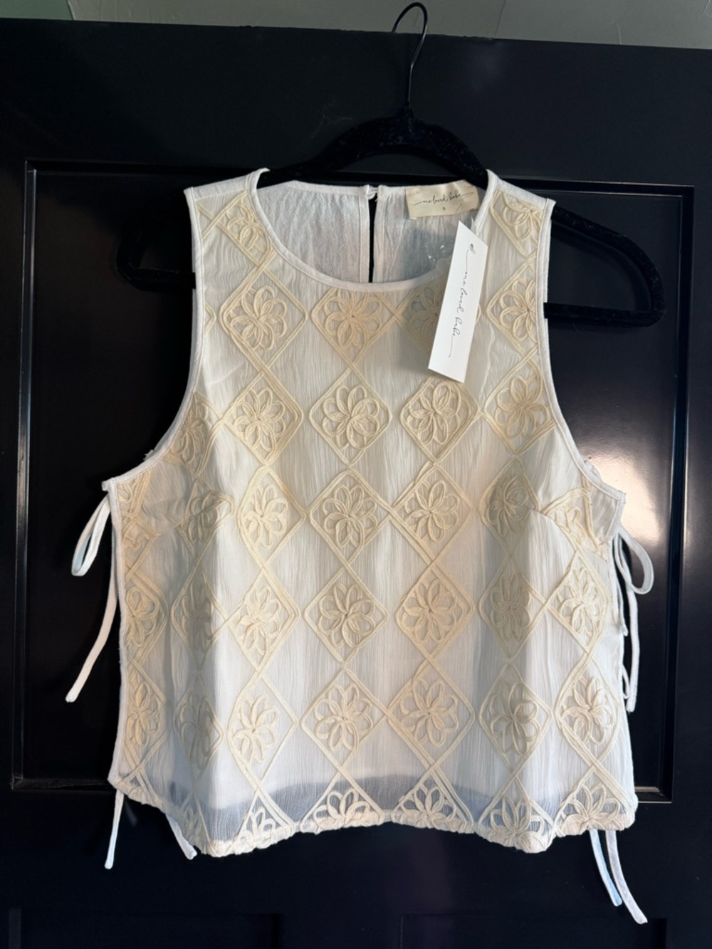 Sleeveless Embroidered Ivory Tie-Side Top